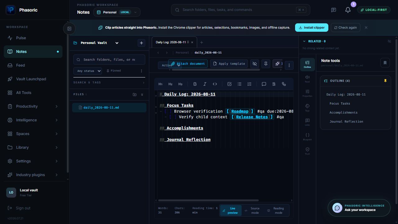 Phasoric local workspace showing Team collaboration
